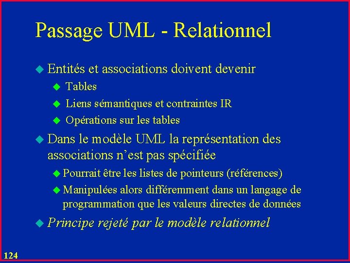 Passage UML - Relationnel u Entités et associations doivent devenir u Tables u Liens