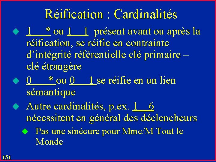 Réification : Cardinalités u u u 1 * ou 1 1 présent avant ou