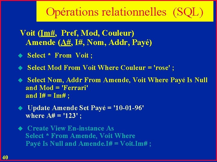 Opérations relationnelles (SQL) Voit (Im#, Pref, Mod, Couleur) Amende (A#, I#, Nom, Addr, Payé)