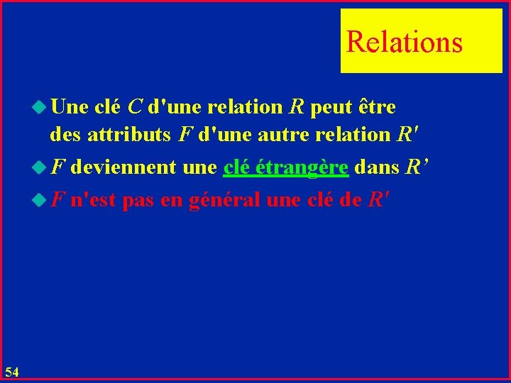 Relations u Une clé C d'une relation R peut être des attributs F d'une