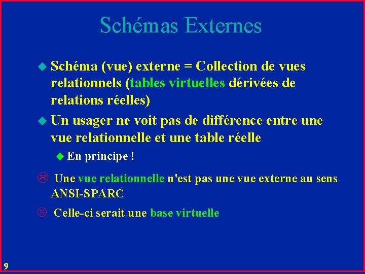 Schémas Externes u Schéma (vue) externe = Collection de vues relationnels (tables virtuelles dérivées