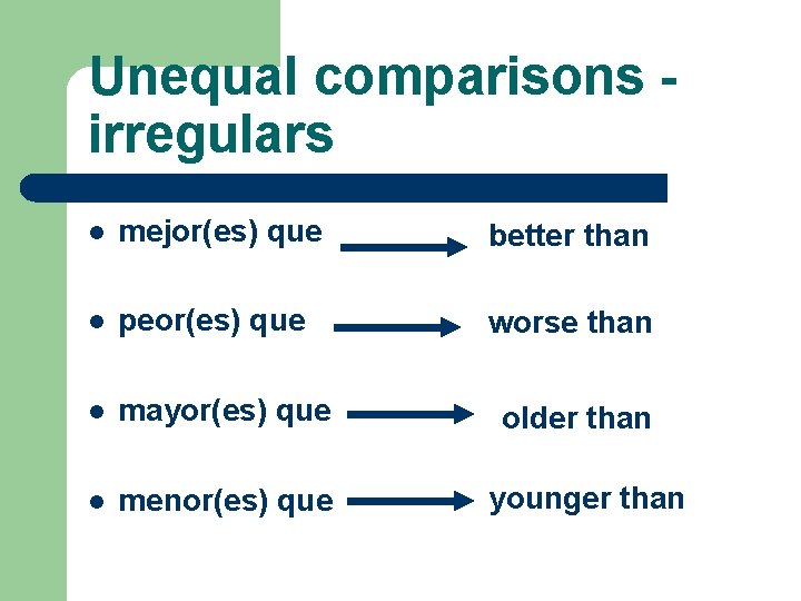 Unequal comparisons irregulars l mejor(es) que better than l peor(es) que worse than l