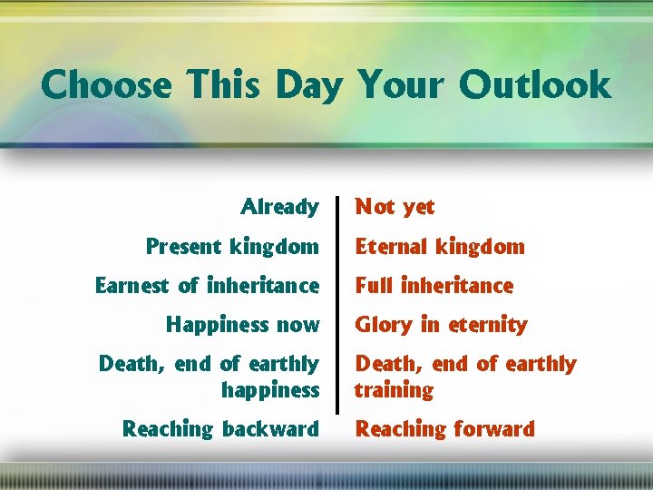 Choose This Day Your Outlook Already Present kingdom Earnest of inheritance Happiness now Death,