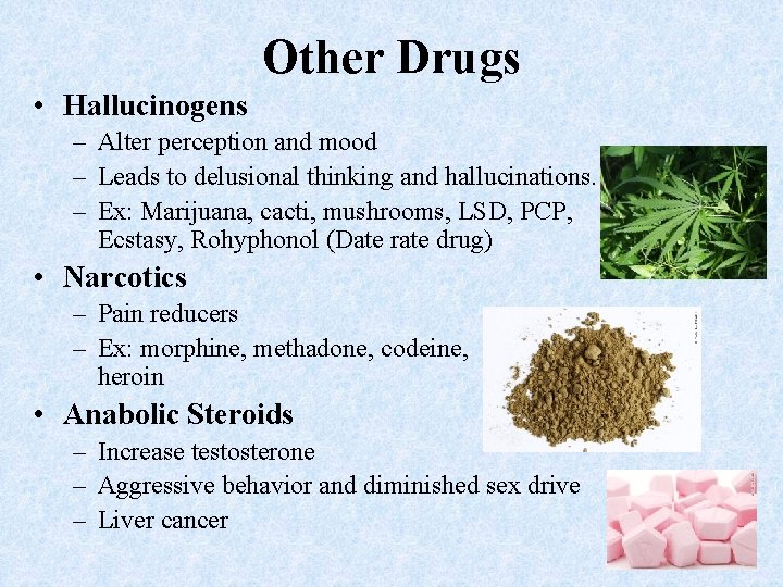 Other Drugs • Hallucinogens – Alter perception and mood – Leads to delusional thinking