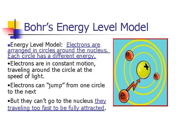 Bohr’s Energy Level Model: Electrons are arranged in circles around the nucleus. Each circle