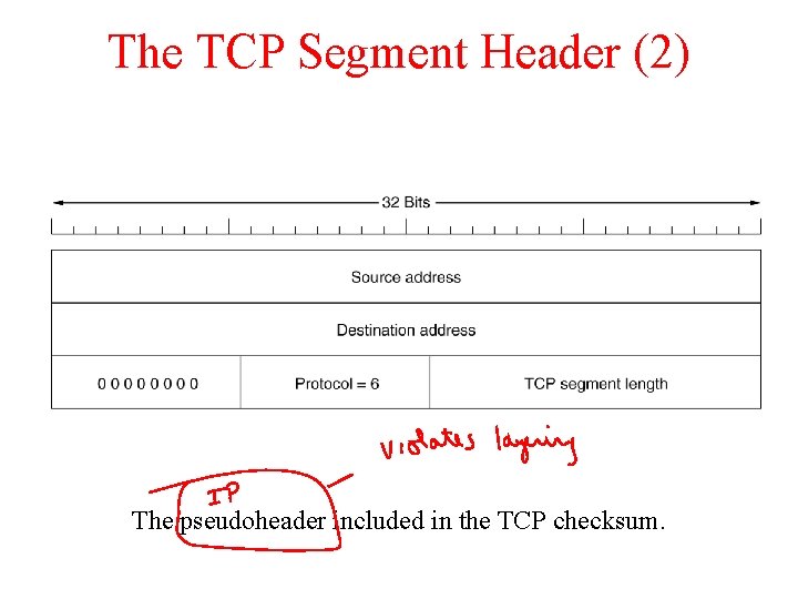 The TCP Segment Header (2) The pseudoheader included in the TCP checksum. The TCP Segment Header (2) The pseudoheader included in the TCP checksum.