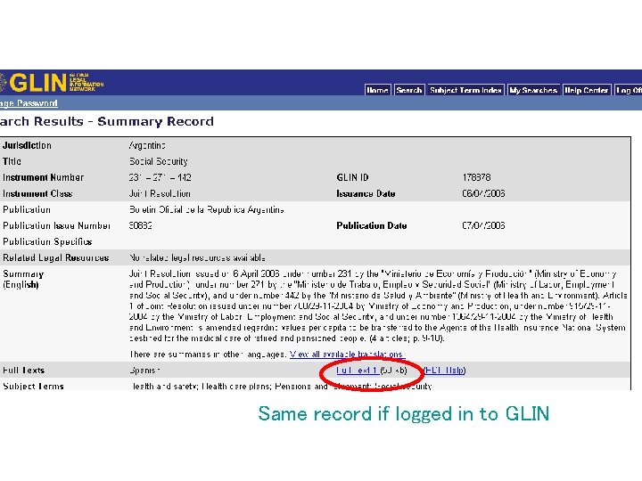 Same record if logged in to GLIN 