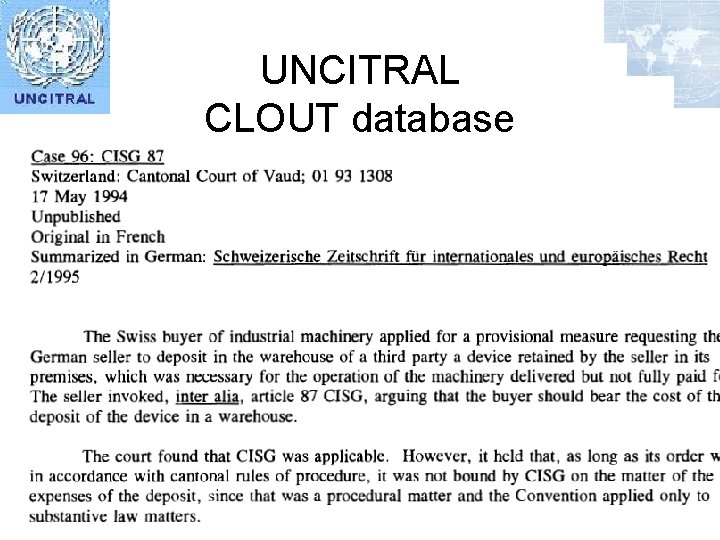 UNCITRAL CLOUT database court decisions and arbitral awards relating to UNCITRAL conventions and model