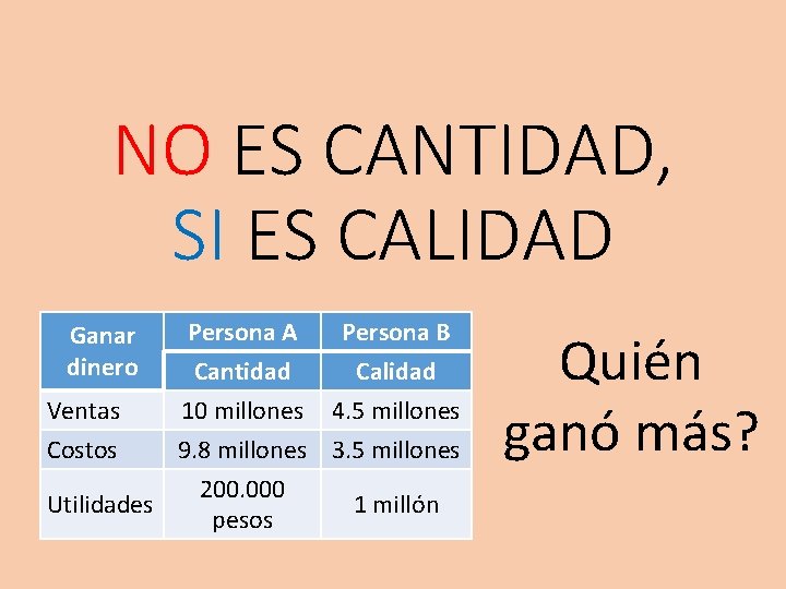 NO ES CANTIDAD, SI ES CALIDAD Ganar dinero Ventas Costos Utilidades Persona A Persona