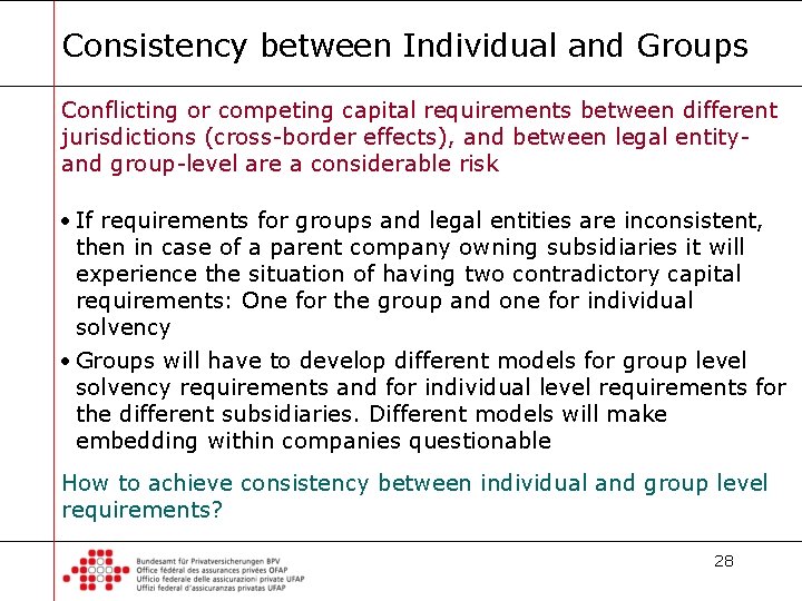 Consistency between Individual and Groups Conflicting or competing capital requirements between different jurisdictions (cross-border