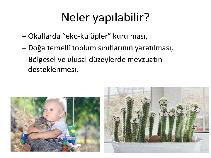 Neler yapılabilir? – Okullarda “eko-kulüpler” kurulması, – Doğa temelli toplum sınıflarının yaratılması, – Bölgesel