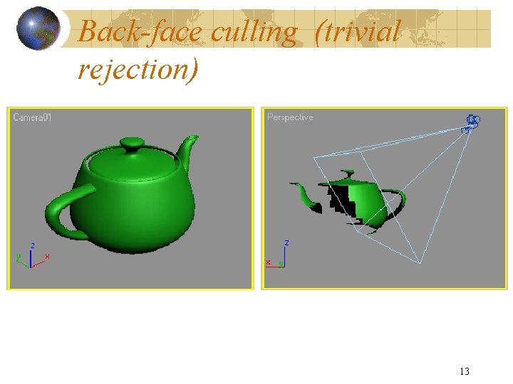 Back-face culling (trivial rejection) 13 Back-face culling (trivial rejection) 13