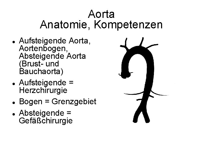 Aorta Anatomie, Kompetenzen Aufsteigende Aorta, Aortenbogen, Absteigende Aorta (Brust- und Bauchaorta) Aufsteigende = Herzchirurgie