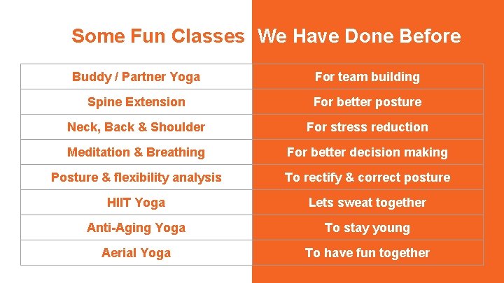 Some Fun Classes We Have Done Before Buddy / Partner Yoga For team building