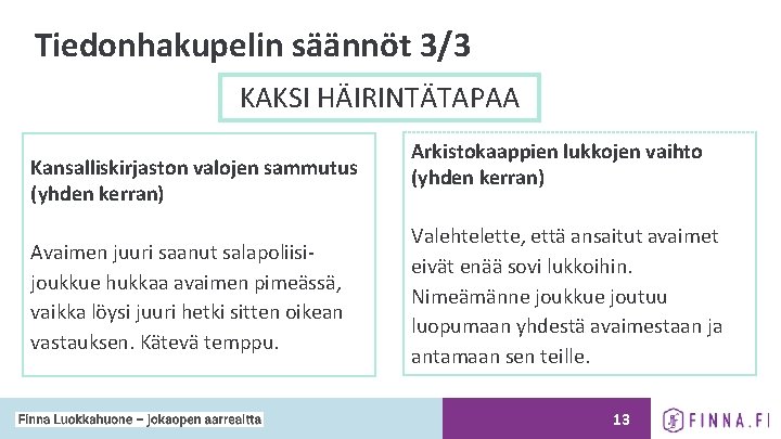 Tiedonhakupelin säännöt 3/3 KAKSI HÄIRINTÄTAPAA Kansalliskirjaston valojen sammutus (yhden kerran) Avaimen juuri saanut salapoliisijoukkue