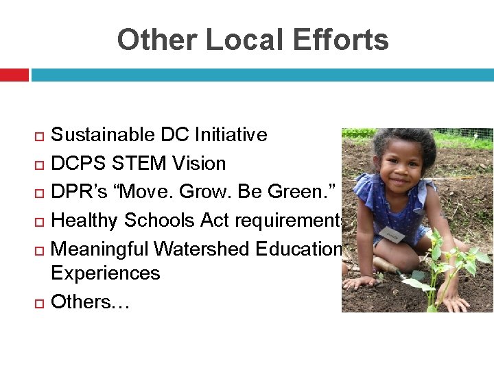 Other Local Efforts Sustainable DC Initiative DCPS STEM Vision DPR’s “Move. Grow. Be Green.