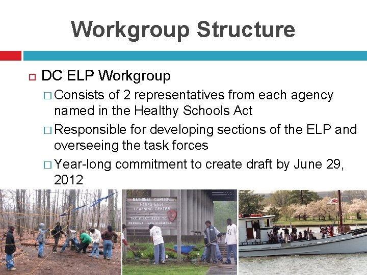 Workgroup Structure DC ELP Workgroup � Consists of 2 representatives from each agency named