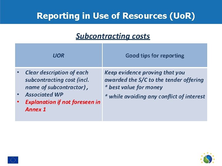 Reporting in Use of Resources (Uo. R) Subcontracting costs UOR Good tips for reporting