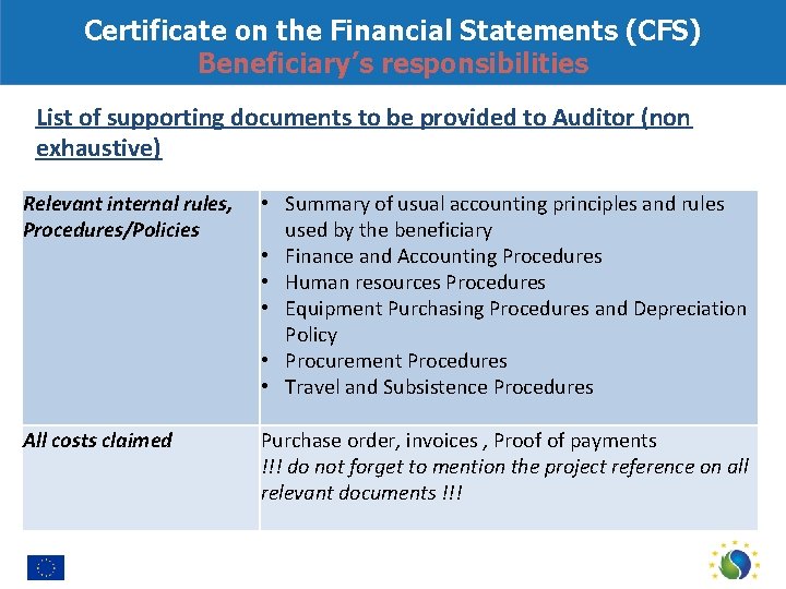 Certificate on the Financial Statements (CFS) Beneficiary’s responsibilities List of supporting documents to be