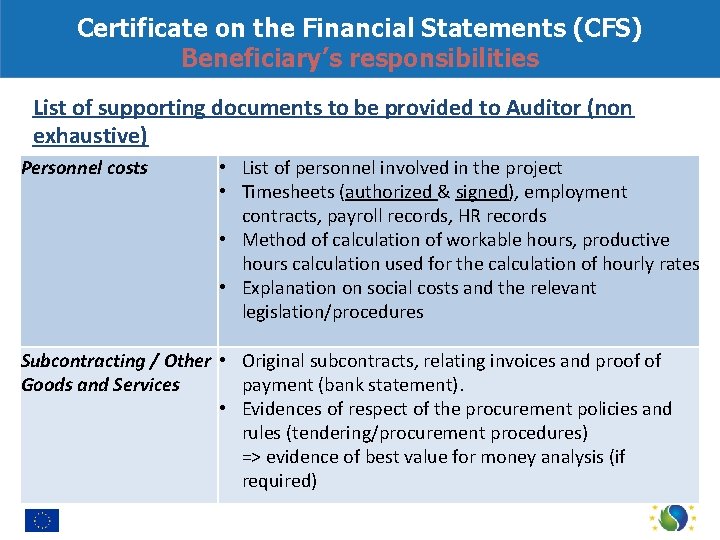 Certificate on the Financial Statements (CFS) Beneficiary’s responsibilities List of supporting documents to be
