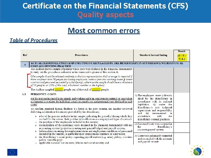 Certificate on the Financial Statements (CFS) Quality aspects Most common errors Table of Procedures