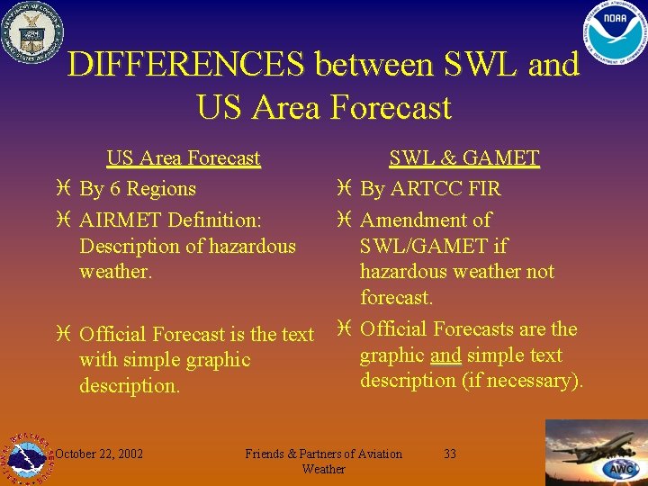 DIFFERENCES between SWL and US Area Forecast i By 6 Regions i AIRMET Definition: