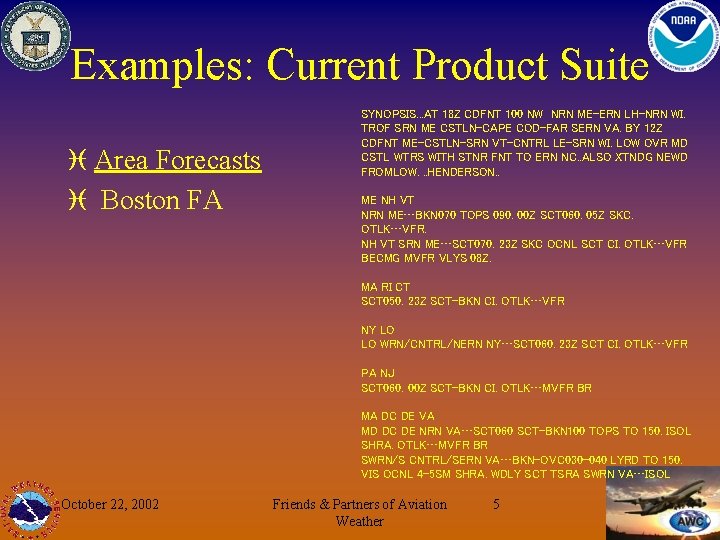 Examples: Current Product Suite i Area Forecasts i Boston FA SYNOPSIS. . . AT