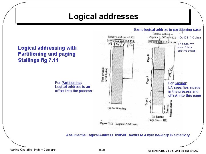 Logical addresses Same logical addr as in partitioning case = 0 x 1 DE Logical addresses Same logical addr as in partitioning case = 0 x 1 DE