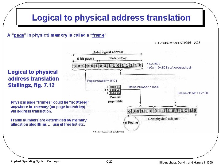 Logical to physical address translation A “page” in physical memory is called a “frame” Logical to physical address translation A “page” in physical memory is called a “frame”