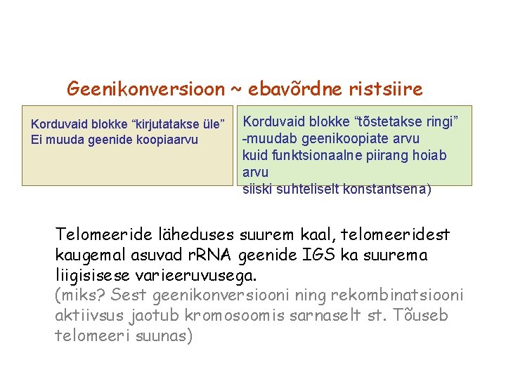 Geenikonversioon ~ ebavõrdne ristsiire Korduvaid blokke “kirjutatakse üle” Ei muuda geenide koopiaarvu Korduvaid blokke