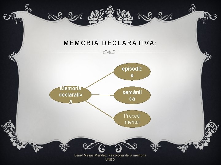 MEMORIA DECLARATIVA: episódic a Memoria declarativ a semánti ca Procedi mental David Mejias Mendez. MEMORIA DECLARATIVA: episódic a Memoria declarativ a semánti ca Procedi mental David Mejias Mendez.
