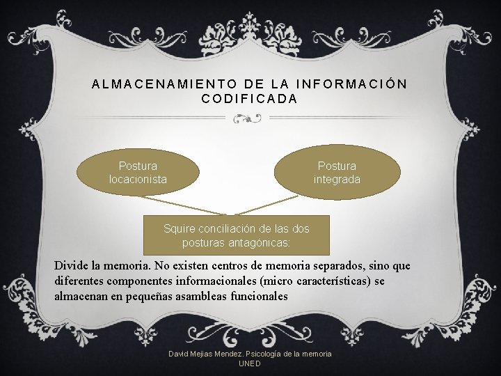 ALMACENAMIENTO DE LA INFORMACIÓN CODIFICADA Postura locacionista Postura integrada Squire conciliación de las dos ALMACENAMIENTO DE LA INFORMACIÓN CODIFICADA Postura locacionista Postura integrada Squire conciliación de las dos