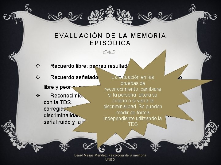 EVALUACIÓN DE LA MEMORIA EPISÓDICA v Recuerdo libre: peores resultados v La actuación en EVALUACIÓN DE LA MEMORIA EPISÓDICA v Recuerdo libre: peores resultados v La actuación en