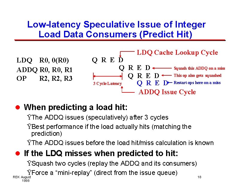 Low-latency Speculative Issue of Integer Load Data Consumers (Predict Hit) LDQ R 0, 0(R Low-latency Speculative Issue of Integer Load Data Consumers (Predict Hit) LDQ R 0, 0(R