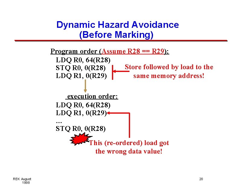 Dynamic Hazard Avoidance (Before Marking) Program order (Assume R 28 == R 29): LDQ Dynamic Hazard Avoidance (Before Marking) Program order (Assume R 28 == R 29): LDQ