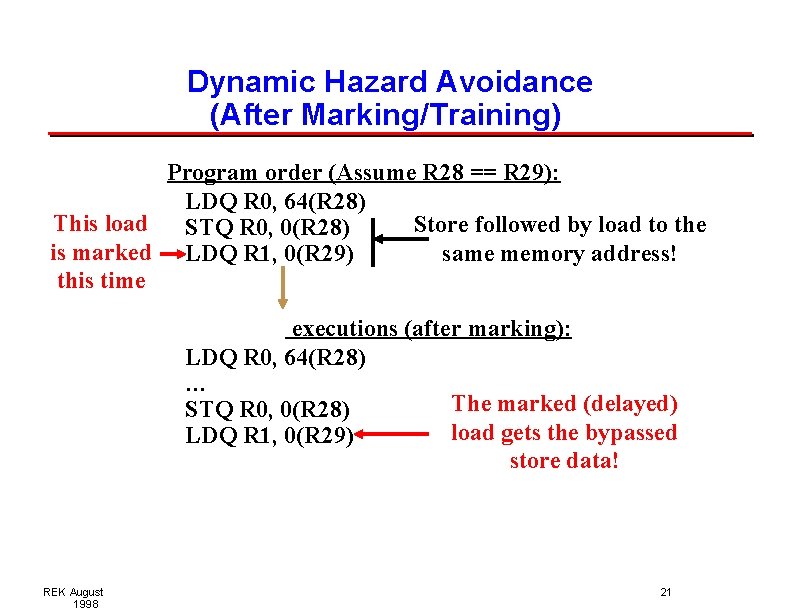 Dynamic Hazard Avoidance (After Marking/Training) Program order (Assume R 28 == R 29): LDQ Dynamic Hazard Avoidance (After Marking/Training) Program order (Assume R 28 == R 29): LDQ