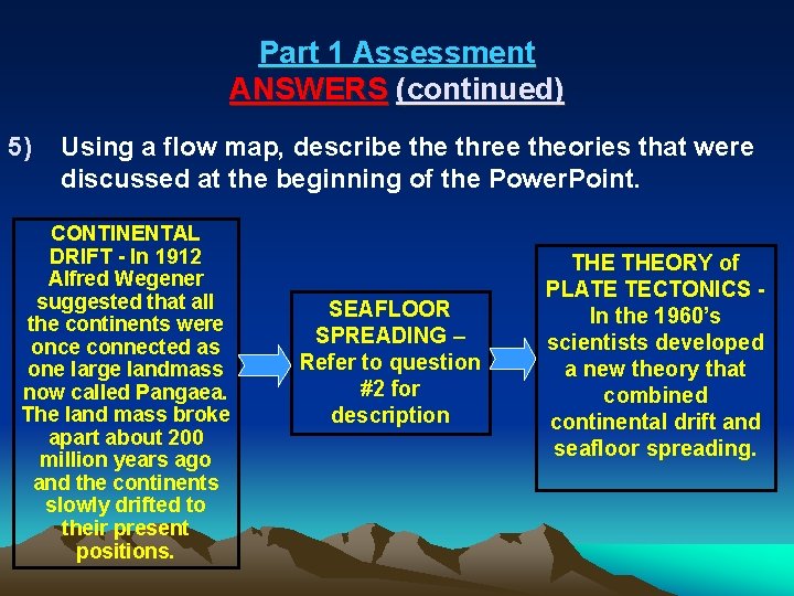 Part 1 Assessment ANSWERS (continued) 5) Using a flow map, describe three theories that