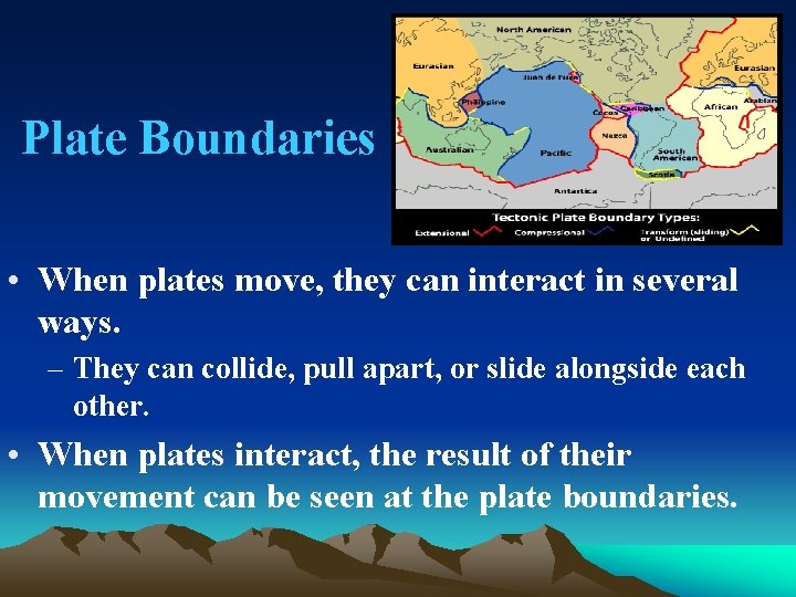 Plate Boundaries • When plates move, they can interact in several ways. – They