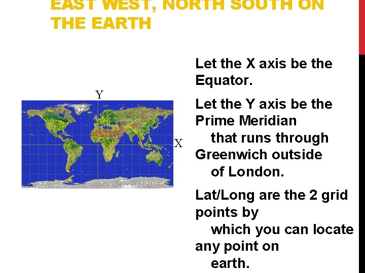 EAST WEST, NORTH SOUTH ON THE EARTH Y Let the X axis be the
