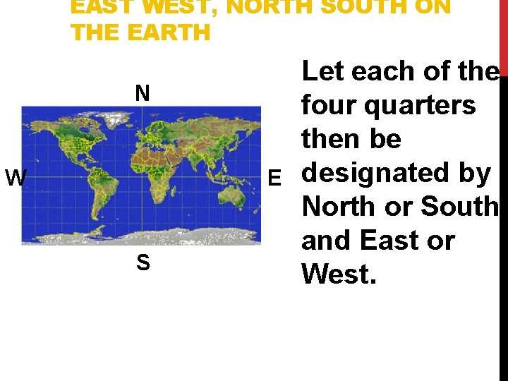 EAST WEST, NORTH SOUTH ON THE EARTH N W E S Let each of