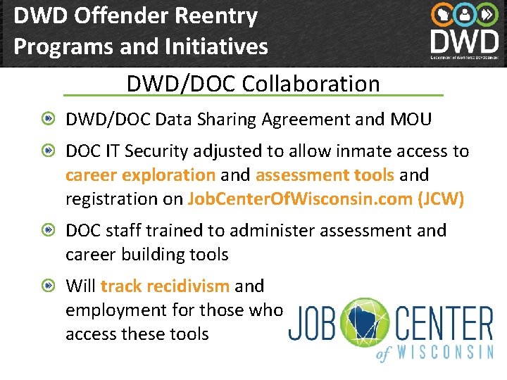 DWD Offender Reentry Programs and Initiatives DWD/DOC Collaboration Department of Workforce Development(DWD) DWD/DOC Data