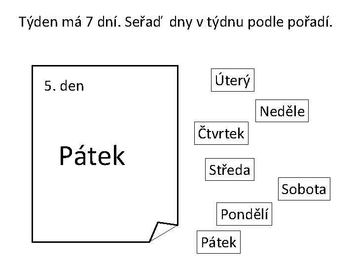 Týden má 7 dní. Seřaď dny v týdnu podle pořadí. 5. den Úterý Neděle