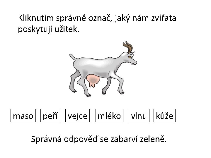 Kliknutím správně označ, jaký nám zvířata poskytují užitek. maso peří vejce mléko vlnu kůže