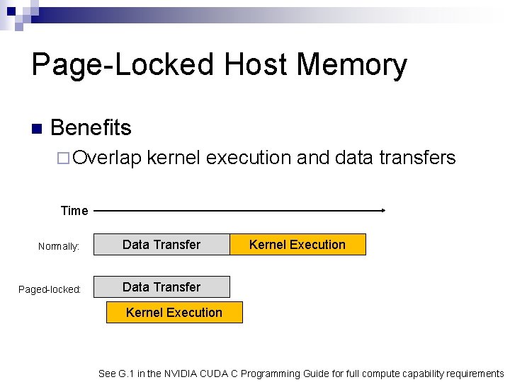 Page-Locked Host Memory n Benefits ¨ Overlap kernel execution and data transfers Time Normally: