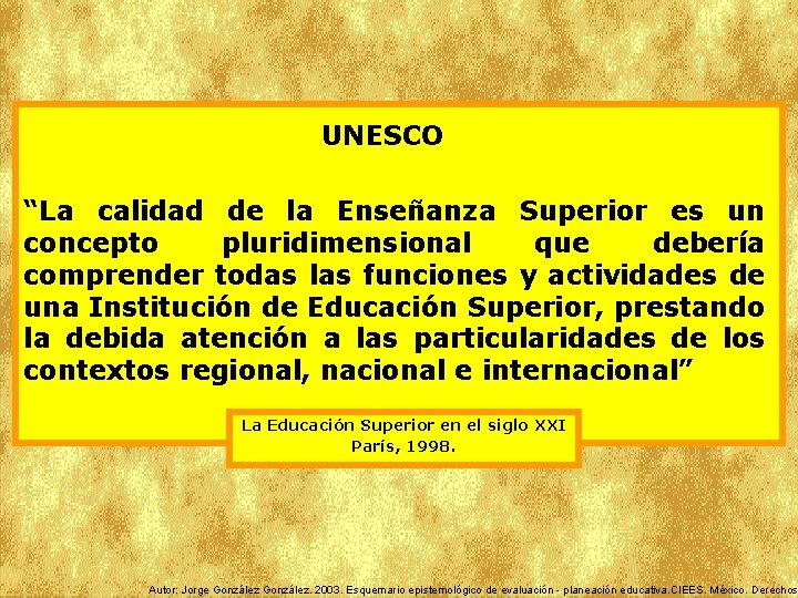 UNESCO “La calidad de la Enseñanza Superior es un concepto pluridimensional que debería comprender