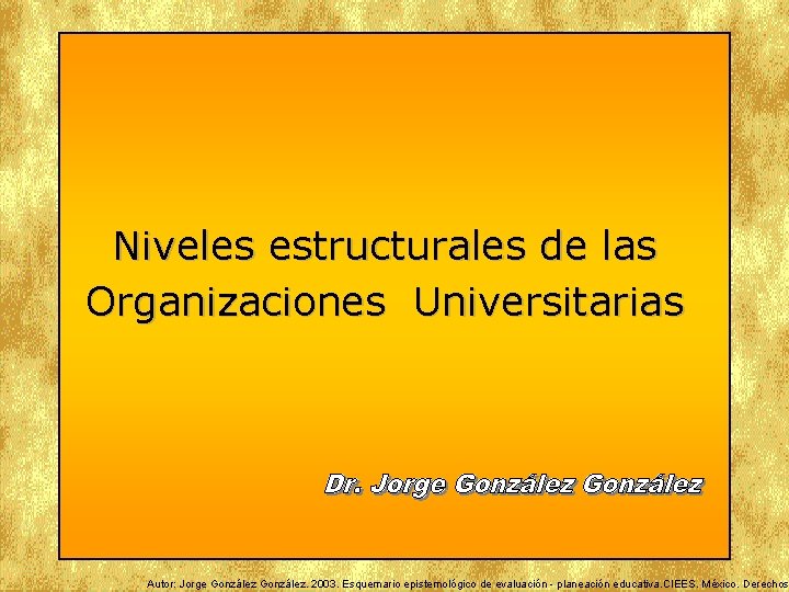 Niveles estructurales de las Organizaciones Universitarias Autor: Jorge González. 2003. Esquemario epistemológico de evaluación