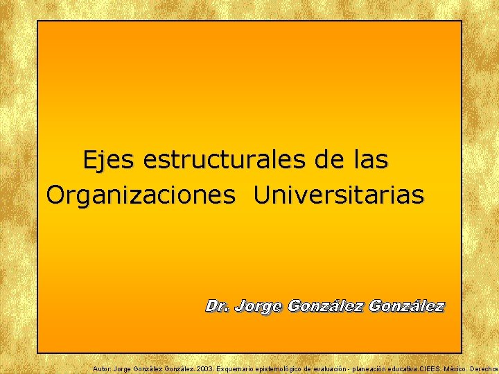 Ejes estructurales de las Organizaciones Universitarias Autor: Jorge González. 2003. Esquemario epistemológico de evaluación