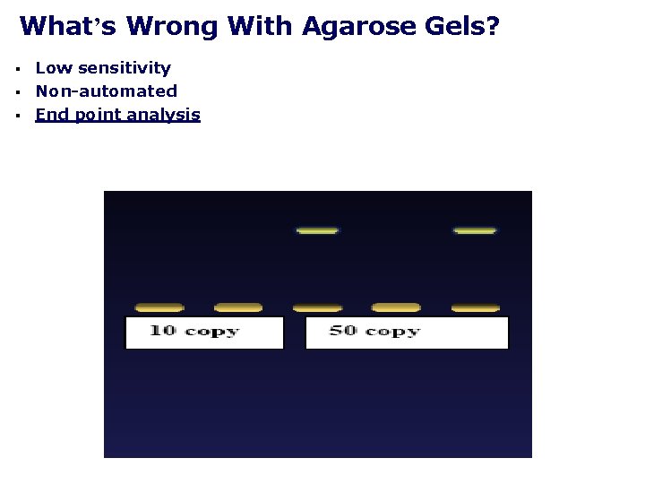 What’s Wrong With Agarose Gels? § § § Low sensitivity Non-automated End point analysis