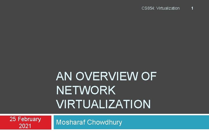 CS 854: Virtualization AN OVERVIEW OF NETWORK VIRTUALIZATION 25 February 2021 Mosharaf Chowdhury 1 CS 854: Virtualization AN OVERVIEW OF NETWORK VIRTUALIZATION 25 February 2021 Mosharaf Chowdhury 1