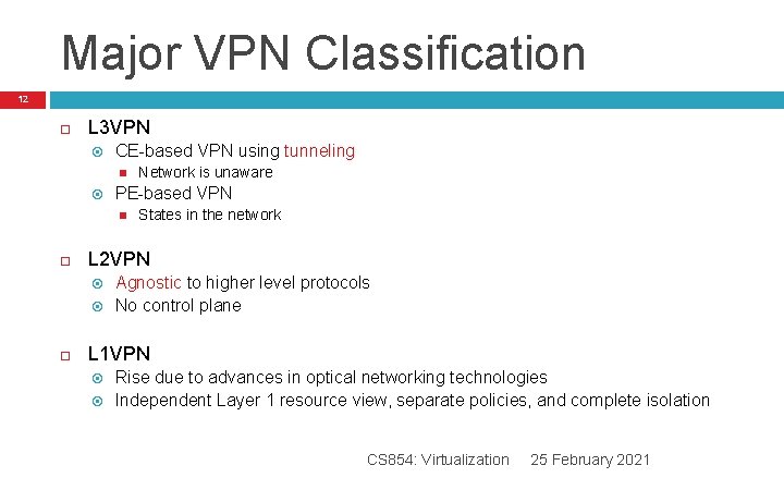 Major VPN Classification 12 L 3 VPN CE-based VPN using tunneling PE-based VPN States Major VPN Classification 12 L 3 VPN CE-based VPN using tunneling PE-based VPN States